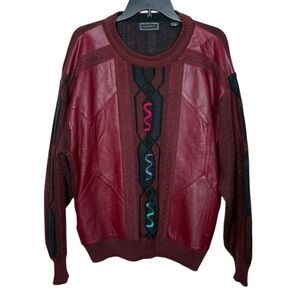Vintage Saxony Leather Acrylic Blend Geometric Sweater Men's Size M Hip Hop 90's